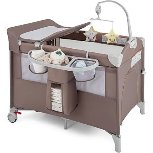 BABY JOY 5-in-1 Pack and Play, Portable Baby Bedside Sleeper with Bassinet, U-Shaped Diaper Changer, Safety Strap, Side Zipper Entrance, Bedside Crib Playard from Newborn to Toddlers (Coffee)