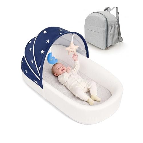 Portable Newborn Nest Lounger with Canopy & Mosquito Net-Lightweight Foldable Newborn Play Support & pad and Washable Cover, Indoor-Outdoor Use(Blue)