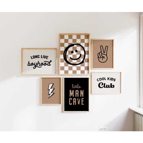 Boy Nursery Decor Prints: Lightning Bolt, Smiley Face, Set of 6 (Unframed)