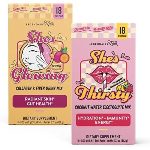 Legendairy Milk She’s Thirsty & She’s Glowing Duo – Coconut Water Electrolytes + Collagen Prebiotic Fiber Powder, Hydration & Skin Support, 36 Stick Packs
