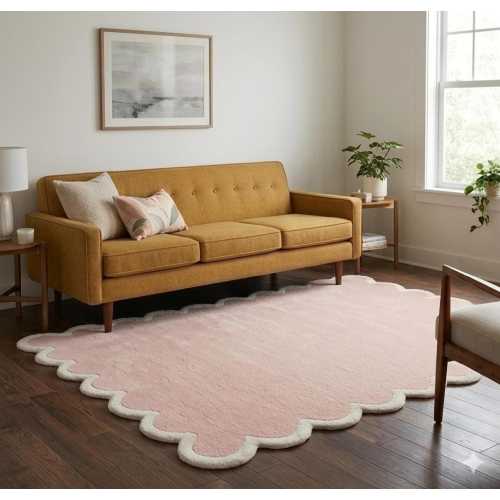 Scalloped Wool Rug, Hand Tufted New Zealand Wool, Pink Wavy Edge, Modern Nursery Carpet