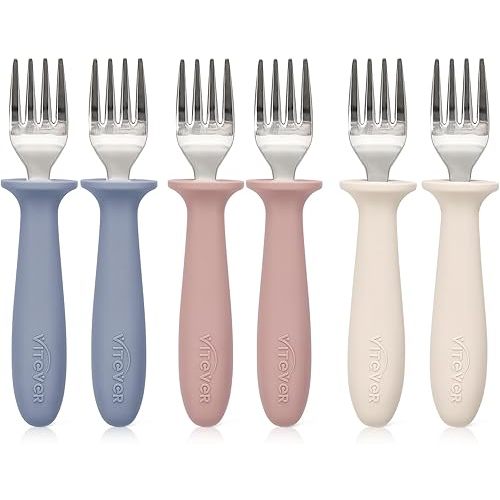 6 Pieces Toddler Forks，Kids Safe Utensils Set with Silicone Round Handle for Self Feeding，18/8 Stainless Steel Baby Forks，Children's Silverware Set BPA Free, Dishwasher Safe