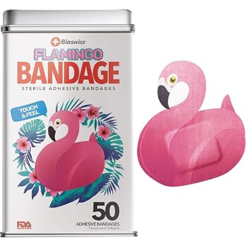 BioSwiss Bandages, Flamingo Shaped Self Adhesive Bandage Set, Latex Free, Sterile Wound Care, 50 Count