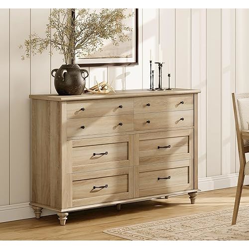 WAMPAT 8 Drawers Dresser for Bedroom, Farmhouse Dresser Chest of Drawers, Light Wood Kids Dresser for Closet, Dressers Organizer for Living Room & Hallway, 54 Inch, Oak