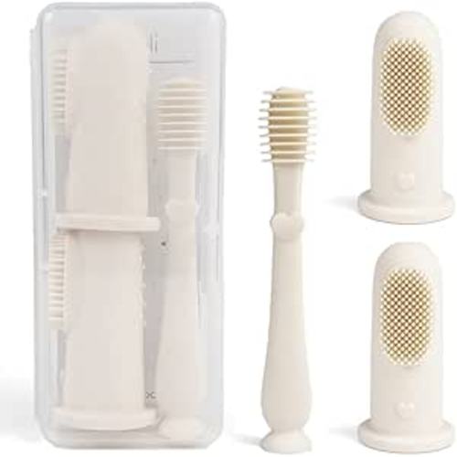 Ali+Oli Oral Care Set for Baby (Ivory) Includes Dual-Sided Baby Finger Toothbrush x 2, Tongue Scraper for Baby, Protective Case, BPA, Phthalate, and PVC Free, Food-Grade Baby Care Products for Infants