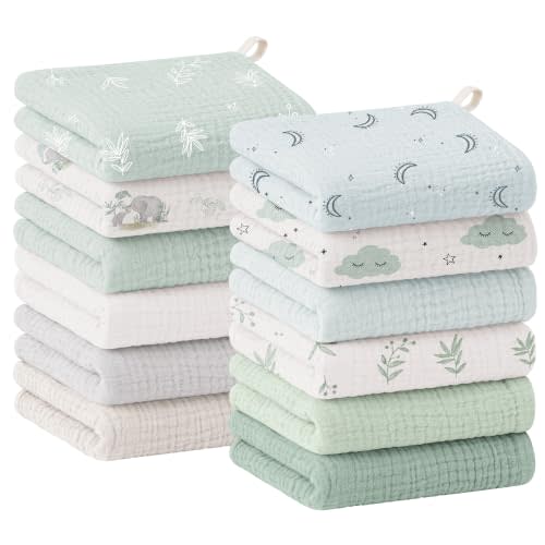Bearmoss 12 Pack Baby Muslin Washcloths, 100% Cotton 10"x10" Face Towels | Soft Absorbent Bath Wash Cloths and Burp Cloths for Newborn Infants Kids Girls & Boys (Green Elephant)