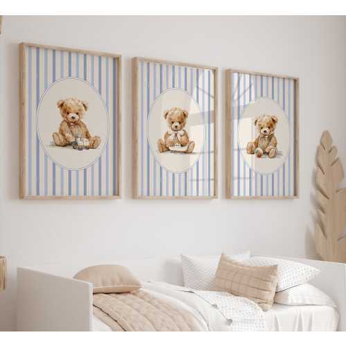 Prints for a Baby Boy Nursery, Teddy Bear Prints, Navy and Blue