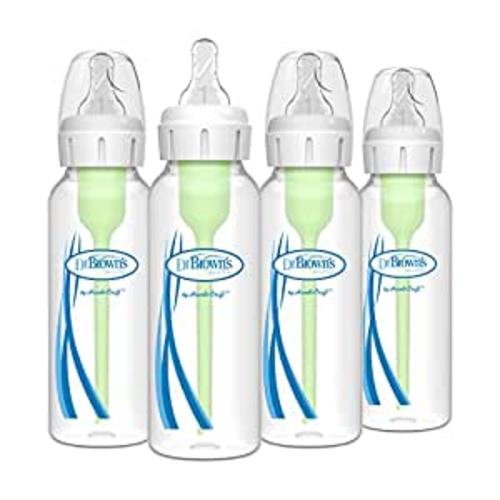 Dr. Brown's Natural Flow Anti-Colic Options+ Narrow Baby Bottle, 8 oz/250 mL, with Level 1 Slow Flow Nipples, 0m+, 4 Pack