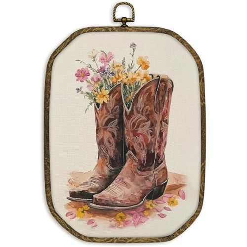 nvucamd Antique Western Cowgirl Wall Art Decor Framed, Rustic Preppy Western Octagon Canvas Prints Wall Art, Vintage Floral Cowgirl Brown Boots Hanging Decor for Girls Living Room Bedroom, 10.2x7In