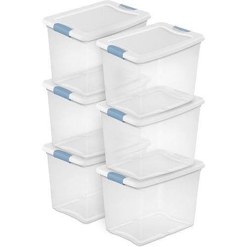 Sterilite 25 Quart Latching Box, Clear Plastic Storage, White, 6 Pack