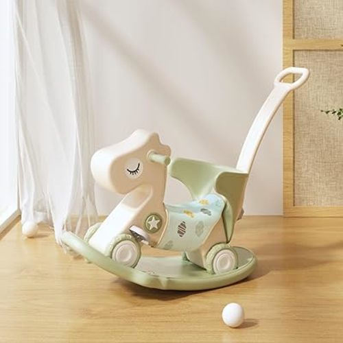 4-in-1 Rocking Horse Toy for Toddlers 1-3 | Plastic Push Walker with Balance Board & Wheels, Ride-On Rocker Gift for 1 Year Old Boys Girls(Green)