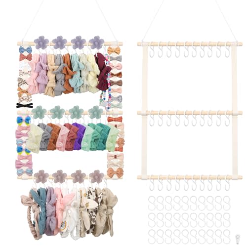 Munzong Headband Holder,Beige Bow Organizer for Baby Girls, Nursery Wall Hanging Clip Storage w/ 30 Hooks, Hair Accessories Organizer Rack Shelf for Toddler Kids Room Decor 15x20inch