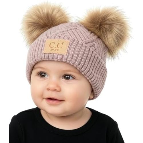 Funky Junque Double Pom Pom Baby Beanie – Newborn Girl Winter Hat 0–12 Months, Cute Cozy Knit Infant Beanies for Cold Weather