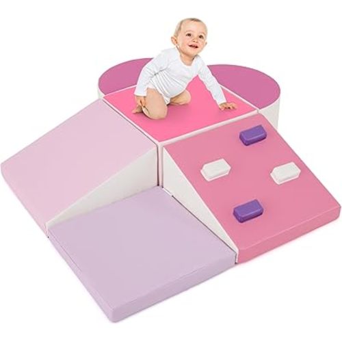 Olakids Climbing Toys for Toddlers, 6 Pieces Baby Foam Blocks Soft Play Set with PU Leather, Indoor Kids Climb and Crawl Sliding Activity Structure Gym Playground Climber (Peach)