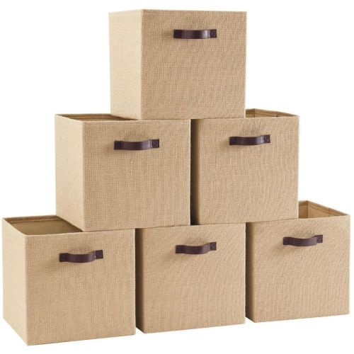 Ornavo Home 6 Pack Jute Fabric Storage Cube Bin with Faux Leather Handles