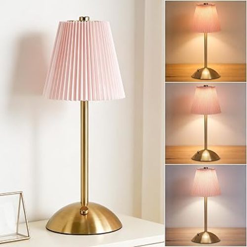 Cordless Table Lamp,Touch Led Reading Light,Small Desk Lamp with 3 Colors,Portable Battery Operated Light with Fabric Shade,Dimmable Night Light for Bedroom Living Room Office(Pink)