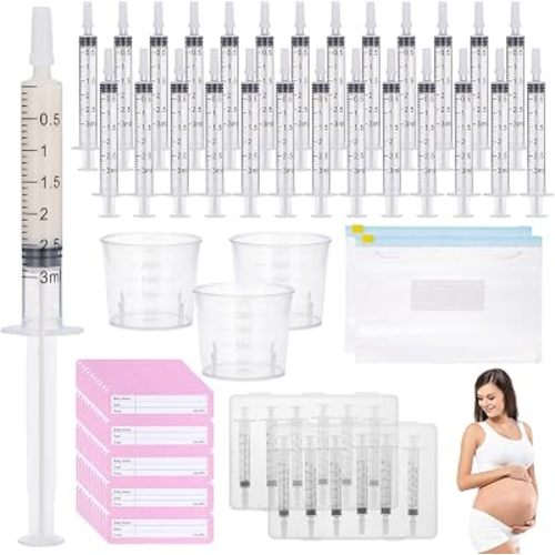 50 PCS Colostrum Collection Kit, 3ml Colostrum Collector, Breast Milk Collector Syringes with Caps, Measuring Cups, Label Stickers, Freezer Box and Storage Bags, Newborn Gift Set for Breastfeeding