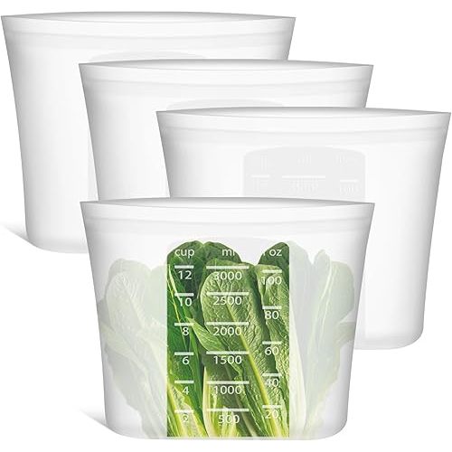 Extra Large Reusable Silicone Food Storage Bags 4 Pack, 0.8 Gallon/3000ml, 100% Silicone Stand-Up Wide-Open Zip-Lock Reusable Bags for Large Items, Microwave Freezer Oven Dishwasher Safe, Translucent