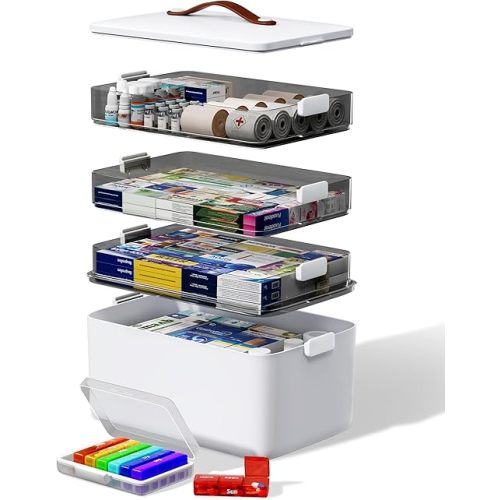 LEGUO 4-Tier Medicine Cabinet Organizer with Leather Handle, Empty Plastic First Aid Kit, Multipurpose Storage Box with A Portable Weekly Pill Organizer for Family Emergencies, Home, Travel, White