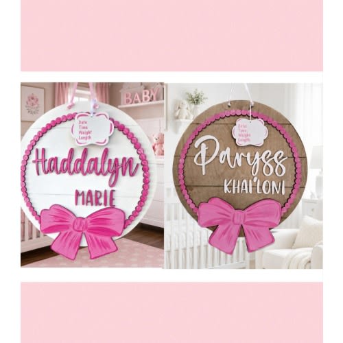Round bow baby girl name sign, hospital announcement door hanger,