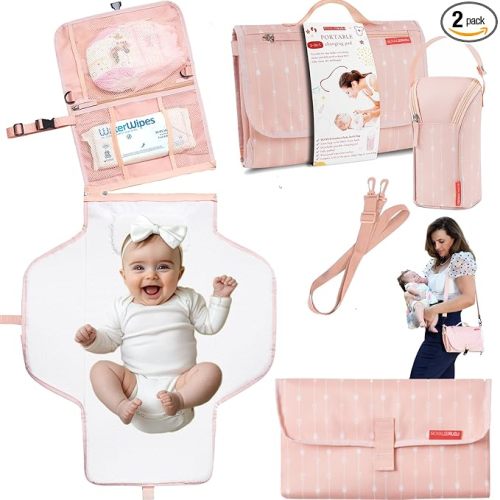 Premium Portable Diaper Changing Pad – CPC Certified Waterproof 2-in-1 Diaper Clutch & Changing Mat with Head Cushion – Bonus Insulated Bottle Bag – Travel Kit Gift for Baby Girls & Boys (Peach)
