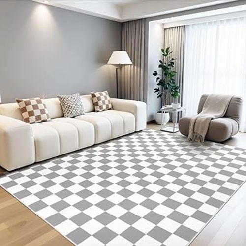 Terrug Grey and White Checkered Rug for Living Room,6x9 Area Rugs Washable with Non Slip for Bedroom,Soft Low Pile Stain Resistance Retro Carpet for Dorm Kids Room