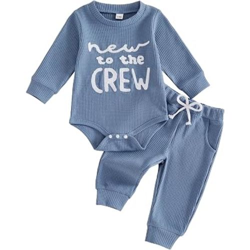 Newborn Baby Boy Fall Outfit Romper Long Sleeve Letter Embroidery Jumpsuit Bodysuit Pants Infant Waffle Clothes Set