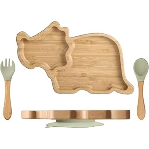 Bamboo Baby Plate Set with Suction - Dinosaur Divided Toddler Dishes with Matching Fork & Spoon | Natural Wood Stay-Put Feeding Set for Infants & Kids (Bean Green)