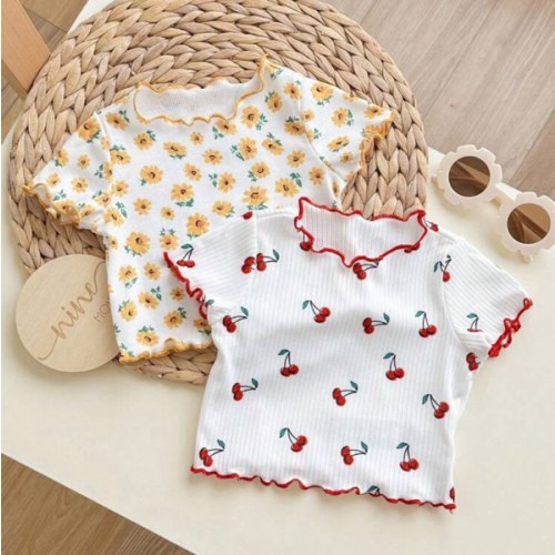 Baby Girls' Casual Floral & Cherry Pattern Short Sleeve Tops 2pcs/Set Print