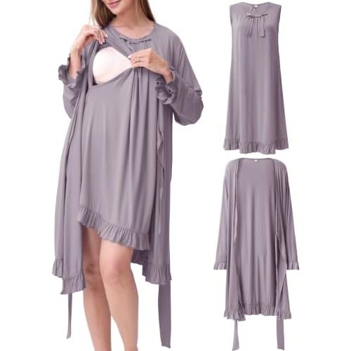 Maternity Nursing Gown & Robe Set, Ruffle Labor Delivery Nightgowns