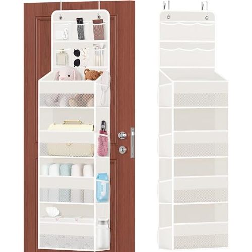 SpaceHacks 6-Tier Over the Door Organizer with Mesh Pockets, Baby Nursery Storage for Closet, Bathroom and Bedroom, Adjustable Hanging Closet Organizer for Cosmetics, Books and Essentials (Beige)