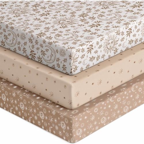 Baby Crib Sheets for Boys Girls, Fitted Crib Sheet Neutral 3 Pack for Standard Crib and Toddler Mattress, Breathable Soft Microfiber Baby Sheet 28x52x8in White Brown Sun God