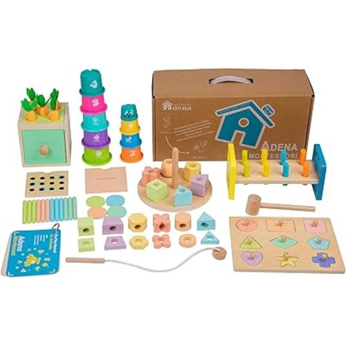 Adena Montessori Play Kit for 13-18 Month Baby,8 in 1 Toy,Colorful Stacking&Nesting Cup,Coin Bank,Coins,Carrots Lid,Carrots,Posting Lid,Flexble Stacker,Bead Kit,Shape Puzzle,Pound&Tap Hammer Bench