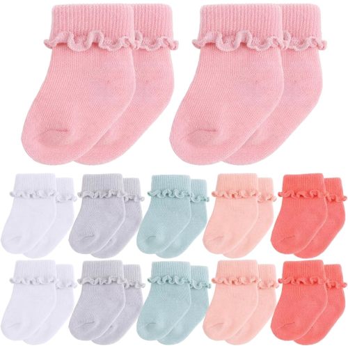 Toulite 12 Pairs Preemie Newborn Baby Ankle Socks Ruffle Turn Cuff Cotton Non-slip Warm Socks for Girls and Boys Infant