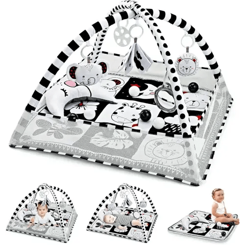 Tummy Time Mat 8-in-1, Play Gyms for 0-6 Months Black and White Baby Play Mat Activity Gym with Sensory Toys and Pillow High Contrast Newborn Play Mat for Newborn Babies