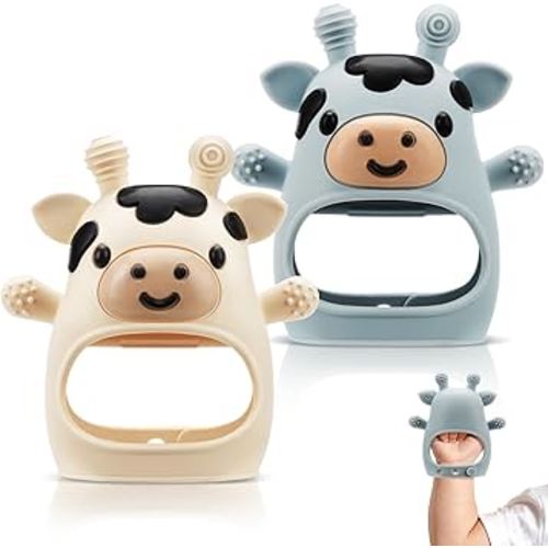 TOHIBEE 2 Packs Baby Teething Toys for 0-6 6-12 Months, Food Grade Silicone Adjustable Cow Teething Mitten, Chew Teether Toys for Teething Pain Relief, Baby and New Born Essentials, Blue & White