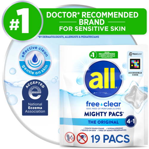 all Unit Dose Laundry Detergent, Mighty Pacs, Free Clear, 19 Count