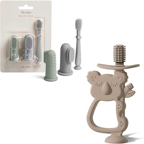 Moonkie Baby Oral Care & Teething Kit | 3-Piece Finger Toothbrush, Tongue Cleaner & 360° Teething Toy | BPA-Free Silicone for Babies 3-12 Months | Suction Base, Safe, Easy to Hold, Ideal for Teething