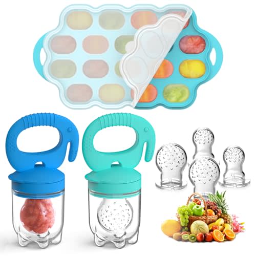Tohecu Silicone Baby Food Teether Feeder with Breastmilk Popsicle Molds Combo, BPA Free Baby Fruit Food Feeder Pacifier, Teething Popsicle for Baby 4m+, 3 Sizes Food Pouches Included