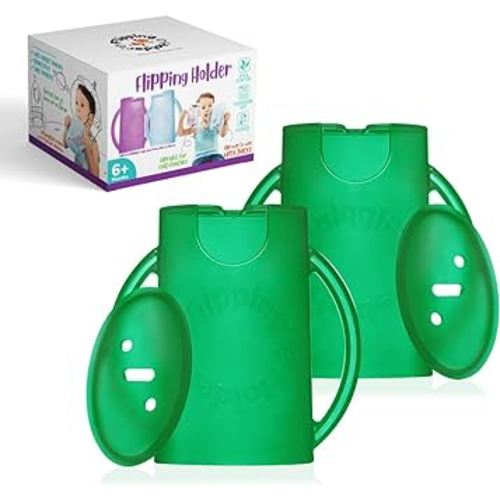 Flipping Holder Squeeze Proof Food Pouch Holder for Toddlers, Babies, Kids, Mess Free No Squeeze Juice Box Drink and Applesauce Snack Holder with Easy Grip Handles and Lid