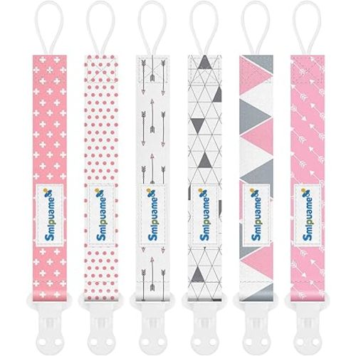 Smlpuame Pacifier Clip Girl,6 Pack Stylish Binky Clips Strap for Baby Girls,Paci Holder with Clip Lightweight Universal Fits Most Pacifiers Teether Toy Teething Ring Soothie,Baby Gifts(Pink & Grey)