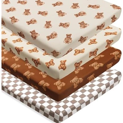 4 Pack Bear Baby Sheets Neutral Unisex Fitted Checked Nursery Baby Sheet Set Toddler Mattress Sheets for Boys or Girls (Pack N Play Sheets)
