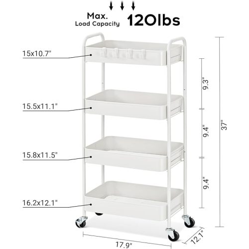 TOOLF 4-Tier Rolling Cart - Metal Storage Organizer with Lockable Wheels, 44 lbs Per Shelf Capacity, Tool-Free Assembly, for Kitchen Bathroom Office Laundry Room Nursery, White