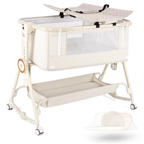 Baby Bassinets Bedside Sleeper 5 in 1,Bedside Bassinet for Baby with Mattress,Diaper changer, Storage Layer,Mosquito Net,7-level adjustable height , one-touch folding for travel with infants(Beige)