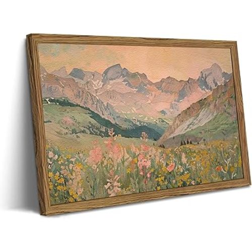 Framed 3D Textured Vintage Landscape Wall Art, Mountain Wildflower Meadow Wall Decor Paintings, Hand Drawn Sandstone Nature Aesthetic Home Decor Pictures for Living Room Bedroom Bathroom 12x16 inch