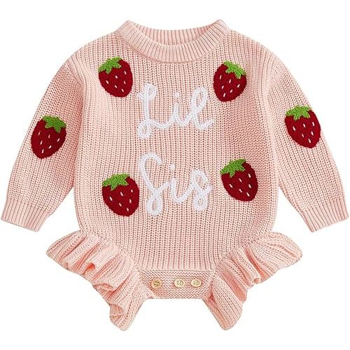 Little Sister Newborn Outfit Baby Girl Knit Sweater Romper Strawberry Embroidery Onesie Cute Fall Winter Clothes
