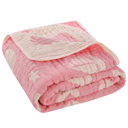 Muslin Baby Blanket Organic Cotton Blend Jacquard (Pink Ocean,43") | 43x43 Inches, Reversible 6-Layer Weave, Sensory Jacquard Texture, Cozy Ocean Life Education, Cute Girl Gift, Curated Gift Box
