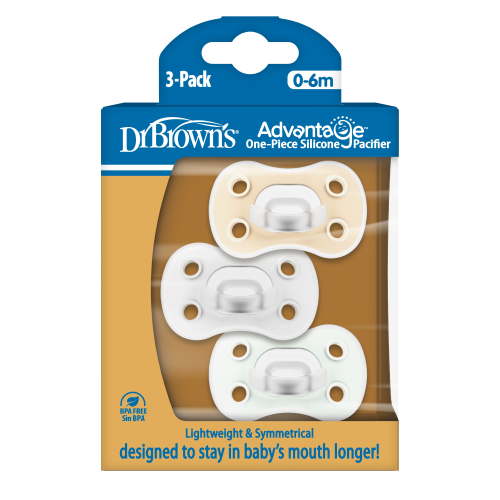 Dr. Brown's Advantage One-Piece Silicone Baby Pacifier, Fully Symmetrical, Neutral, 0-6M, 3 Pack