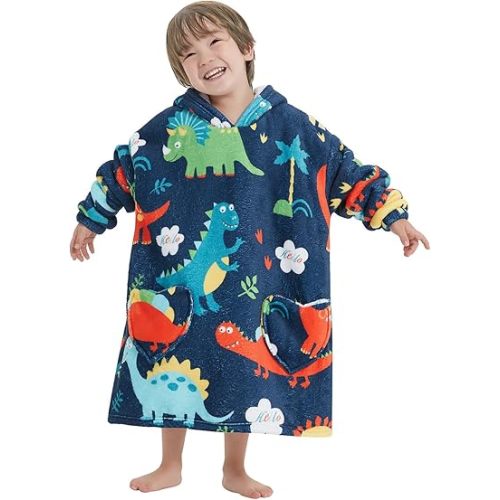 Mewkou Wearable Blanket Hoodie for Kids Oversized Sherpa Blanket Hoodie for Kids Boys Girls Toddler 2-6YR,Dino
