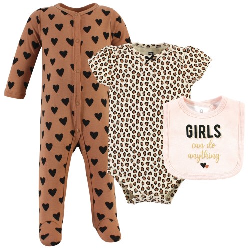 Hudson Baby Infant Girl Cotton Sleep and Play, Bodysuit and Bandana Bib Set, Cinnamon Hearts